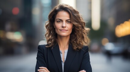 Poster -  a close up of a person wearing a suit and standing with her arms crossed in front of a city street.