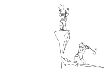 Poster - Single one line drawing astronaut standing on a cliff lifting a star. An envious friend, eating away at success from the inside to fall down. The traitor. Continuous line design graphic illustration
