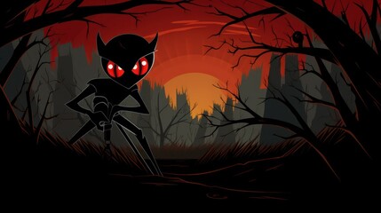 Wall Mural -  a cartoon character standing in front of a forest with red eyes and a spooky look on his face.