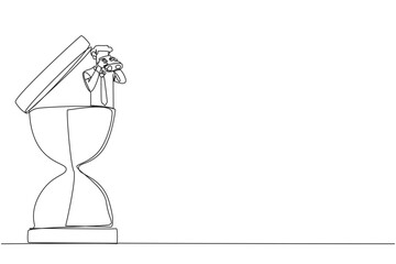 Poster - Continuous one line drawing businessman emerges from hourglass looking for something through binoculars. Aligned work makes deadlines easier. Work smart. Single line draw design vector illustration