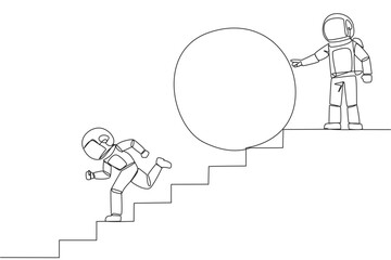 Wall Mural - Single continuous line drawing the astronaut running down stairs avoiding big ball. Attacked by business friends. Traitor in business. Cheating in business. Betray. One line design vector illustration