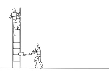 Poster - Single continuous line drawing smart robot climbs the ladder to achieve the expected reward. Destroyed silently. Business failed to develop. Destroyed by traitors. One line design vector illustration