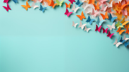 Wall Mural - Multicolored Paper Backdrop With Origami Butterflies Representing Zero Discrimination Day Blank Area Tor Message Copy space Image Place Tor adding Text Or Design, Generative Ai