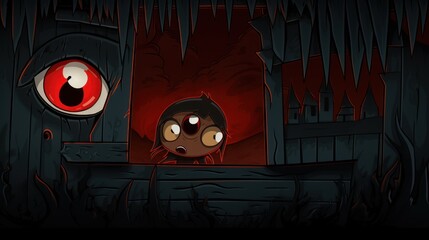 Wall Mural -  a cartoon picture of a red eyed boy looking out of a hole in a dark cave with a red eye.