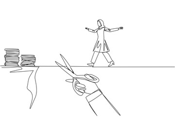 Wall Mural - Single one line drawing Arabian businesswoman walking on tightrope from one cliff to another. Failed to move to much better place. Cheated by colleague. Continuous line design graphic illustration