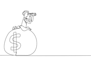 Poster - Single one line drawing businessman emerges from the money bag looking for something through binoculars. Share for the true happiness. A valuable legacy. Continuous line design graphic illustration