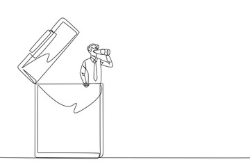 Poster - Continuous one line drawing businessman appears out of the clipboard looking for something through binoculars. Agreement report. Promising contract draft. Single line draw design vector illustration