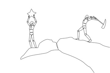 Poster - Single continuous line drawing smart robot standing on the edge of a cliff holding up a star. The hypocrite partner want to destroy the achievement. The traitor. One line design vector illustration
