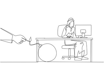 Poster - Continuous one line drawing Arab businessman typing at computer. Trapped by business partner. Bomb that could explode at any time. Betrayed by a colleague. Single line draw design vector illustration