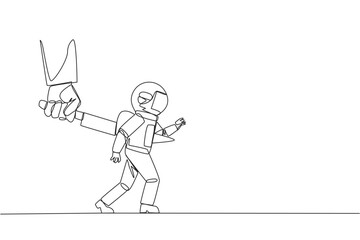 Poster - Single continuous line drawing astronaut stabbed in the back by a large knife. Cheated to ruin by a business partner. An enemy disguised as a friend. The traitor. One line design vector illustration