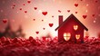 © Oleg - a small red house surrounded by hearts floating in the air with a window lit up in the shape of a heart.