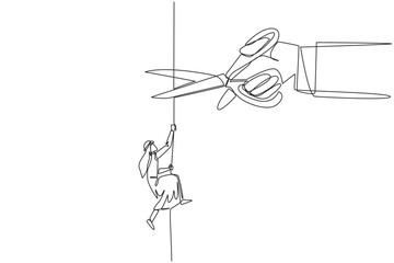 Sticker - Continuous one line drawing Arab businessman climbs rope. Metaphor of struggling to advance business. Business failed to develop. Sabotaged by colleague. Single line draw design vector illustration