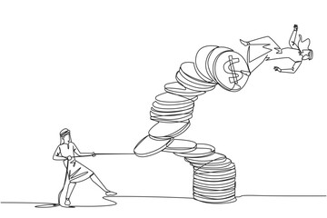 Wall Mural - Single one line drawing Arab businessman pull one of piles of coins who made person on top fall. Business fraud. Misappropriation of office money. Traitor. Continuous line design graphic illustration