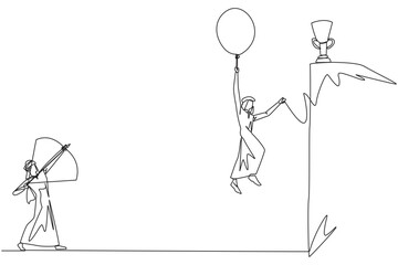 Poster - Single continuous line drawing Arab businessman wants to achieve prizes at the peak of the career. Getting resistance from all directions. Painful failure. Traitor. One line design vector illustration