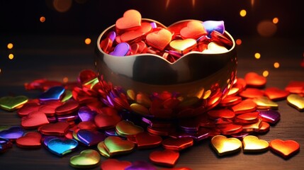 Sticker -  a bowl filled with lots of hearts sitting on top of a table next to a pile of confetti.