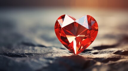 Wall Mural -  a red heart shaped diamond sitting on top of a bed of sand with a blurry sky in the background.