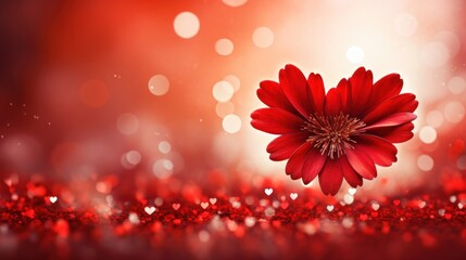 Poster -  a red flower sitting in the middle of a field of red glitter and a boke of lights in the background.