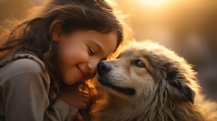 Poster -  a little girl hugging a dog with her face close to the dog's face as the sun shines in the background.