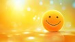  an orange with a smiley face sitting on a shiny surface with a sunburst in the sky behind it.