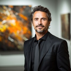 Canvas Print -  a man in a black suit and tie standing in front of a wall with paintings on the wall behind him.