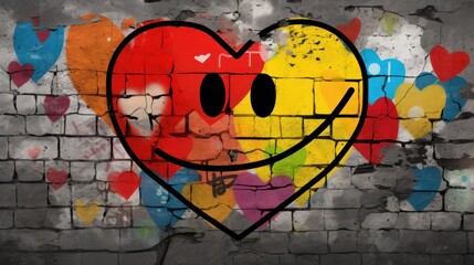 Wall Mural -  a heart painted on a brick wall next to a brick wall with hearts painted on it and a smiley face drawn on it.