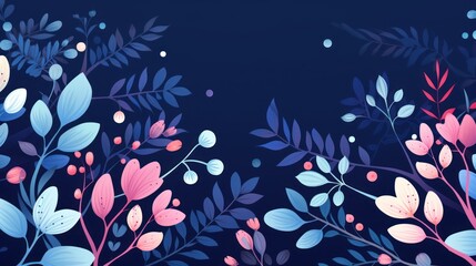 Wall Mural -  a blue and pink floral background with leaves and berries on a dark blue background with a space for a text.