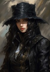 Sticker -  a digital painting of a woman wearing a black hat and a black leather coat with a hood on her head.