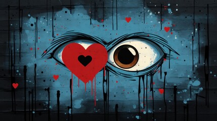 Wall Mural -  a painting of a pair of eyes with a red heart in the middle of the eye and a black heart in the middle of the eye.