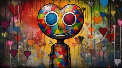 Wall Mural -  a painting of a heart - shaped figure with eyes and a smile on it's face, in front of a multicolored background of hearts.