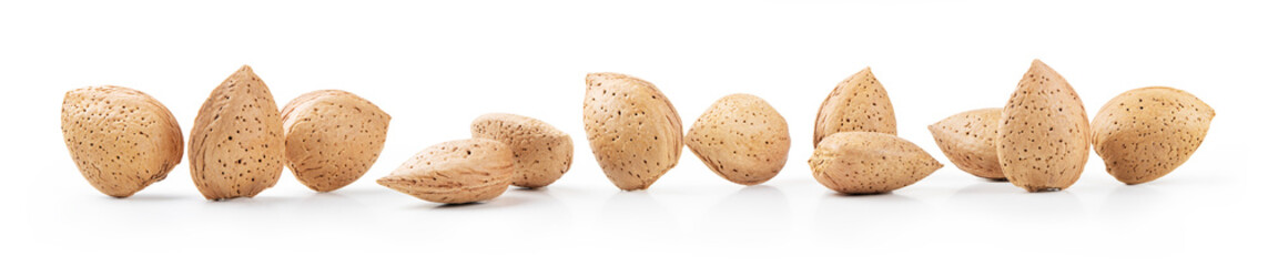 Twelve whole almonds in a row on white background.