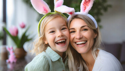 Daughter and mother with bunny ears having fun at easter