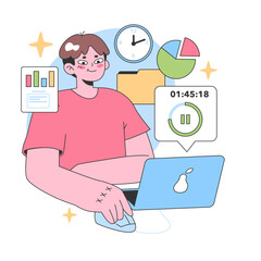 Poster - Efficient work concept. Young professional using laptop, surrounded by charts, graphs, and a clock, focusing on task and tracking time. Seamless productivity in action. Flat vector illustration