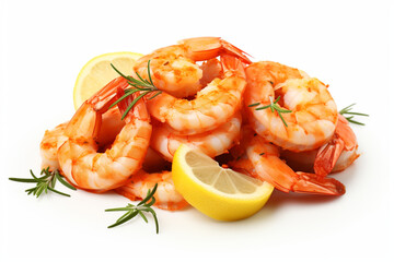 Delicious cooked shrimps served with lemon, pepper and rosemary on white background