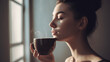 Young woman with a cup, drinking coffee, drinking tea, morning, relax