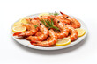 Delicious cooked shrimps served with lemon, pepper and rosemary on white background