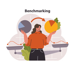 Poster - Benchmarking concept. Businesswoman comparing two pie charts, analyzing performance metrics and measuring against industry standards. Continuous improvement. Flat vector illustration