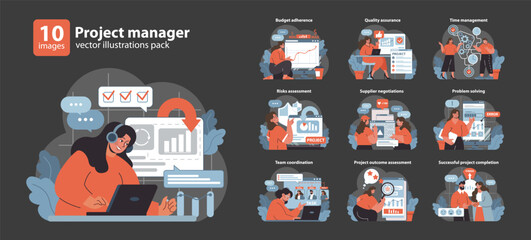 Poster - Project Manager set. Strategic planning and effective communication. Navigating budget and time constraints. Ensuring quality, assessing risks. Flat vector illustration.