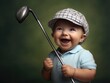 Funny smiling baby as golf player