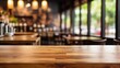 Wooden board empty table in front of blurred background. Brown wooden perspective over blur in cafe or restaurant. Can use for display product. Mock up for product display. Generative AI.