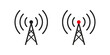 Wireless cellular, cell signal, radio network antenna line art icon for apps and websites transparent background.