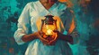 A stylized illustration of a nurse's hands holding a lantern, representing the guiding and illuminating role that nurses play in healthcare on Nurse's Day. [Nurse's Day illustratio