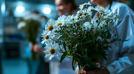 A soft-focus photo of medical workers receiving flowers or tokens of appreciation, highlighting the recognition and honor they deserve on their special day. [Bokeh effect photos fo