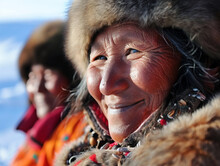 Smiling Native Inuit Indigenous People Of Greenland Dressed In Colorful Native Clothes