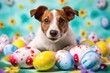  Jack Russell Terrier peers through a vibrant collection of Easter eggs, his expression full of curiosity and joy.