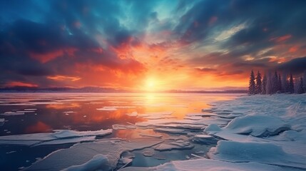 Wall Mural - winter landscape with frost, snow and ice on lake and sunset sky with dramatic colored clouds