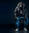 Creative animal concept. Gorilla full body in hip hop stylish fashion isolated on dark background, commercial, editorial advertisement, surreal, copy text space	
