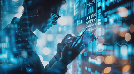 man with smart phone surfing in the internet, financial chart, 