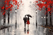 Oil painting of a couple under an umbrella walking down the autumn avenue
