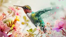 Double Exposure Photo Of A Flying Hummingbird Between Flowers