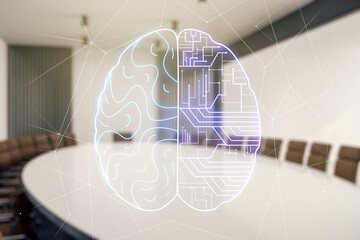 Poster - Virtual creative artificial Intelligence hologram with human brain sketch on a modern coworking room background. Double exposure
